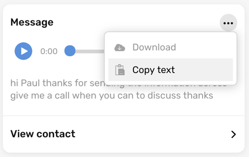 CircleLoop - Desktop - Received Voicemail - Download Copy Text Menu